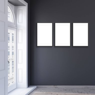 Modern iç mekan arka planında siyah duvarlı, 3 boyutlu resimli 3 kare motifli poster..