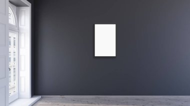 Modern iç mekan arka planında, siyah duvarlı, 3D resimli poster çerçevesi..
