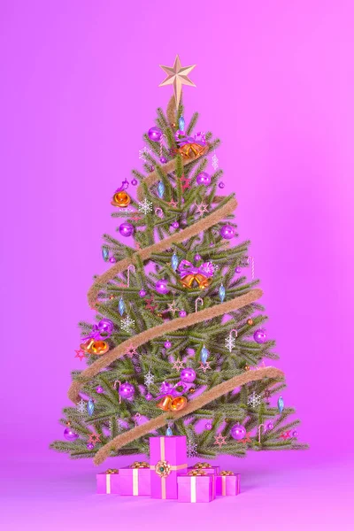 圣诞树上装饰着粉色背景的礼物 还有复制空间 头面或横幅设计的圣诞背景概念3D渲染 垂直格式 — 图库照片