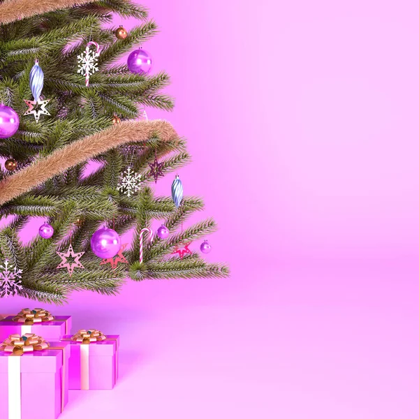 Kerst Roze Achtergrond Met Kerstboom Roze Geschenkdozen Kopieerruimte Gelukkig Nieuwjaar — Stockfoto