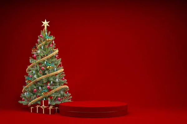 Podio Rosso Natale Esposizione Del Prodotto Con Albero Natale Regali — Foto Stock