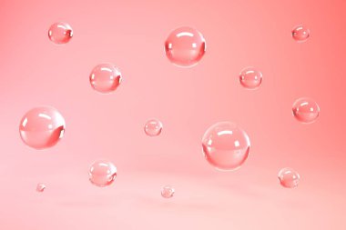 Mercan zemin üzerinde cam kabarcıklar, soyut gerçeküstü 3D görüntüleme. Açık pembe arka planda 3D cam kabarcıklar veya küreler.