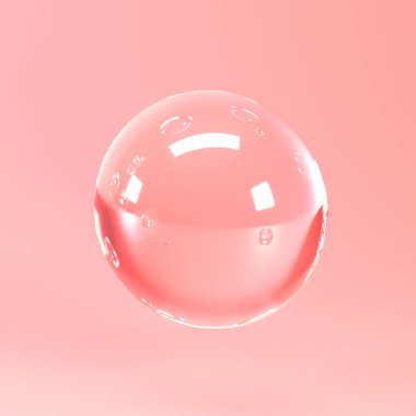 Mercan zeminine yakın cam baloncuk, soyut sürreal 3D canlandırma. Açık pembe arka planda 3D cam kabarcıklar veya küreler.
