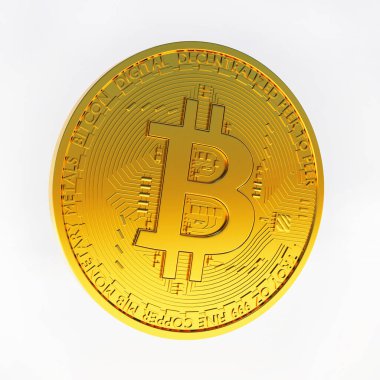 Bitcoin beyaz arka planda izole edilmiş. Bitcoin konsepti 3 boyutlu resimleme. Şifreleme para birimi sembolü, Dijital para birimi BTC.
