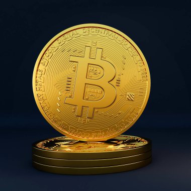 Siyah arka planda izole edilmiş bitcoinler, Bitcoin gerçekçi konsept illüstrasyonu, Kripto para birimi sembolü, dijital para birimi BTC, 3D görüntüleme.