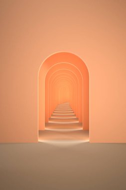 3D sürreal canlandırma. Soyut kavis tünel şeftali rengi pastel dikey arkaplan. 2024 konsept renginde şeftali rengi. Sürrealist iç mekan 3D illüstrasyon.