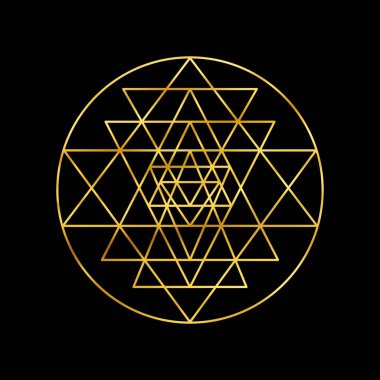 Siyah arka planda izole edilmiş Sri yantra altın sembolü. Kutsal geometri altın sembolü.