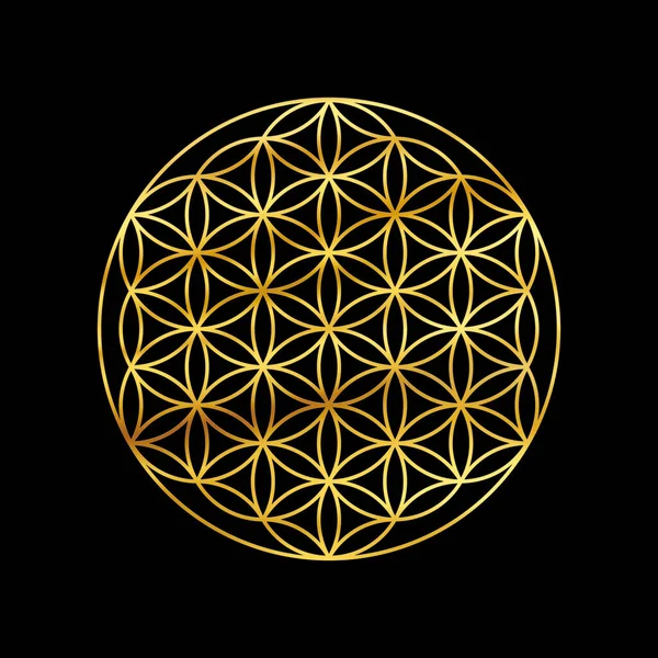 Flower of life gold symbol isolated on black background. Sacred geometry golden symbol.