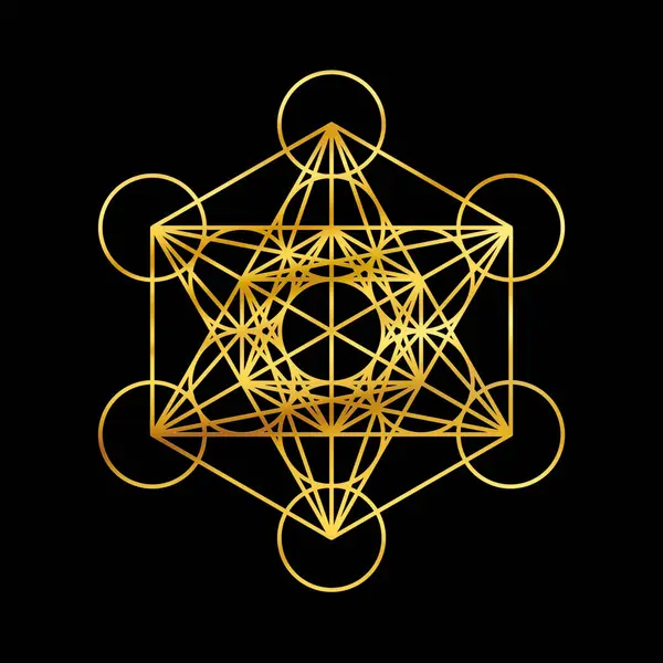 Metatron cube gold symbol isolated on black background. Sacred geometry metatron's cube golden symbol.