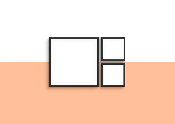 Three square frames mockup design on peach fuzz color background. Gallery wall mock up design.