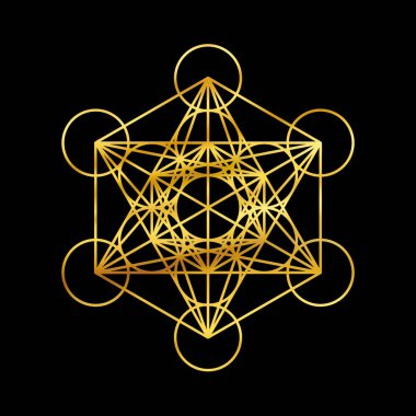 Metatron küp altın sembolü siyah arkaplanda izole edilmiş. Kutsal geometri metatronları altın küp sembolü.