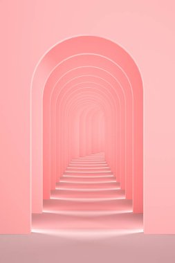 Pembe sürreal 3D görüntüleme. Soyut kemer koridoru pastel pembe arka plan tasarımı. Sürrealist iç mekan 3D illüstrasyon.