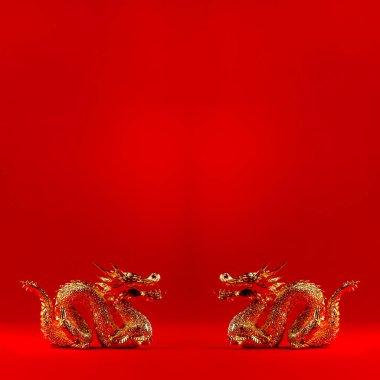Ejderha Çin Yeni Yılı 2024 konsepti. Kırmızı arka planda fotokopi alanı olan altın ejderha. Altın ejderhalar birbirlerine dönük, 3D görüntüleme.