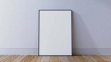 Beyaz bir duvarda siyah ince çerçeve, çerçeve sahneyi maket, iç mekan 3D görüntüleme.