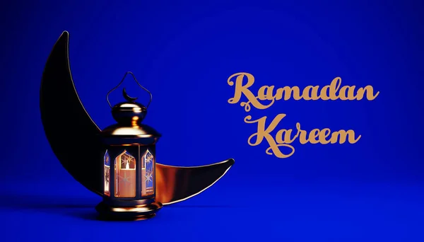 Ramadan Kareem background with golden lantern, and crescent moon, 3d render. Muslim Holy Month Ramadan Kareem wallpaper design.