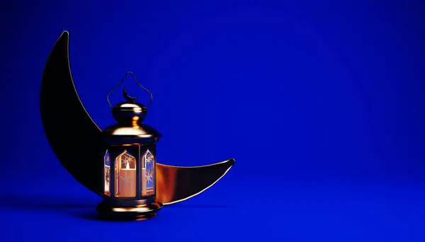 Fundo Ramadã Com Lanterna Dourada Lua Crescente Espaço Cópia Renderização — Fotografia de Stock