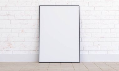 Beyaz tuğla duvarda siyah ince çerçeve, çerçeve sahnesi meşe parke zemin, iç döşeme 3D.
