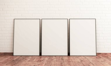 Ahşap döşemeli 3 kare maket sahnesi, dahili 3D görüntüleme. Siyah ince çerçeve beyaz tuğla duvarda maket yapıyor..