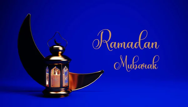 Ramadan Mubarak background with golden lantern, and crescent moon, 3d render. Muslim Holy Month Ramadan Mubarak wallpaper design.
