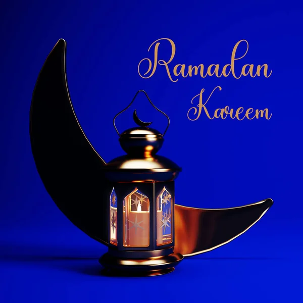 Ramadan Kareem background with golden lantern, and crescent moon, 3d render. Muslim Holy Month Ramadan Kareem wallpaper design.