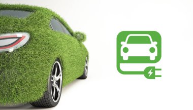 Çevre dostu araba konsepti, beyaz, yeşil park yeri, temiz enerji, sürdürülebilir park, 3D görüntüleme üzerine izole edilmiş gerçekçi çimlerle kaplı EV araba..