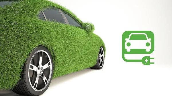Beyaz arka planda izole edilmiş gerçekçi çimlerle kaplı bir EV arabası. Elektrikli araç şarj istasyonu. Çevre dostu araba konsepti, yeşil park, temiz enerji, 3D görüntüleme.