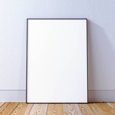 Ahşap zemini olan beyaz duvardaki çerçeve modeli, çerçeve sahnesi, iç mekan 3D canlandırması.
