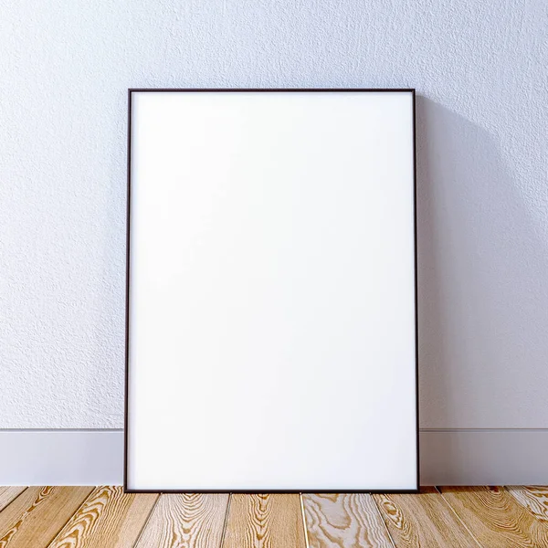 Ahşap zemini olan beyaz duvardaki çerçeve modeli, çerçeve sahnesi, iç mekan 3D canlandırması.