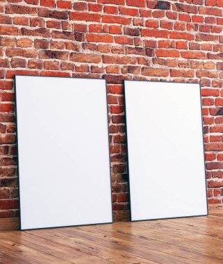 2 çerçeve modeli kırmızı tuğla duvarda, ahşap zemin, iç döşemesi 3 boyutlu..