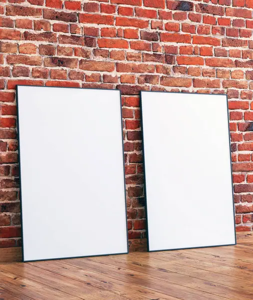 2 çerçeve modeli kırmızı tuğla duvarda, ahşap zemin, iç döşemesi 3 boyutlu..