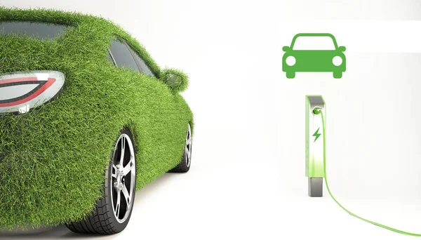 EV araba konsepti 3D görüntüleme. Beyaz, elektrikli araç şarj istasyonunda izole edilmiş gerçekçi çimlerle kaplı çevre dostu araba, yeşil park yeri, temiz enerji, sürdürülebilir otopark.