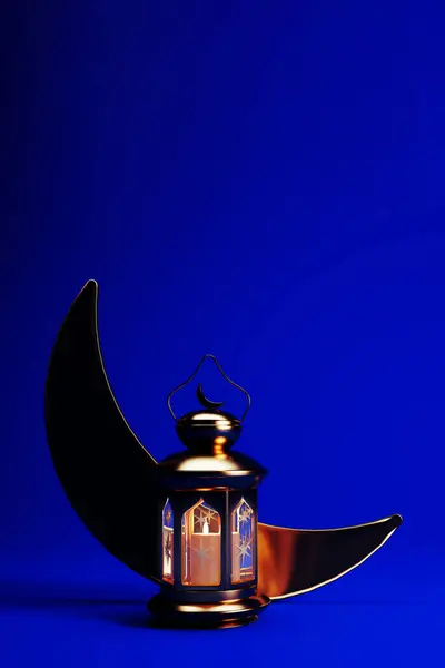 金色のランタン 三日月 コピースペース 3Dレンダリングのラマダン垂直背景 ムスリム聖月ラマダンケアレムの壁紙デザイン — ストック写真