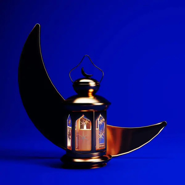 斋月之夜背景与金灯笼 月牙和复制空间 3D渲染 穆斯林圣月斋月卡里姆壁纸设计 社交媒体员额设计 — 图库照片