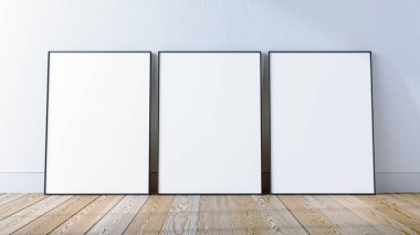 Beyaz duvar ve ahşap zemin üzerinde 3 kare maket sahnesi, 3 boyutlu. Siyah ince metal çerçeve ev yapımı iç mimari.