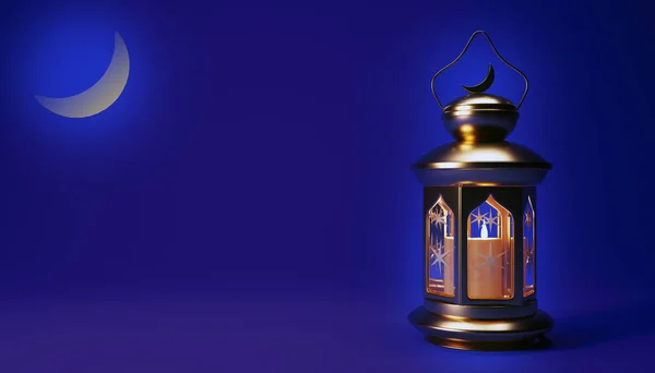 Ramadan night background with Arabic lantern, crescent moon and copy space, 3d render. Muslim Holy Month Ramadan Kareem wallpaper design.