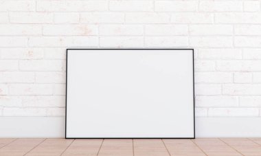 Beyaz tuğla duvarda yatay çerçeve modeli. Siyah ince metal çerçeve, meşe parke zemin, iç döşeme 3D, endüstriyel retro tarzı.