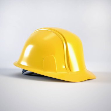 Beyazda izole edilmiş sert şapka. 3 boyutlu görüntüleme. İşçi Bayramı konsepti için sarı başlık.