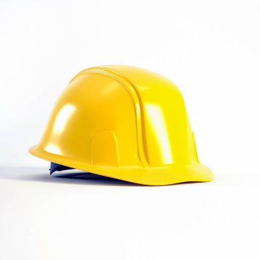 Beyaz arka planda izole edilmiş sarı başlık, 3 boyutlu görüntü. İşçi Bayramı konsepti için sarı kask.