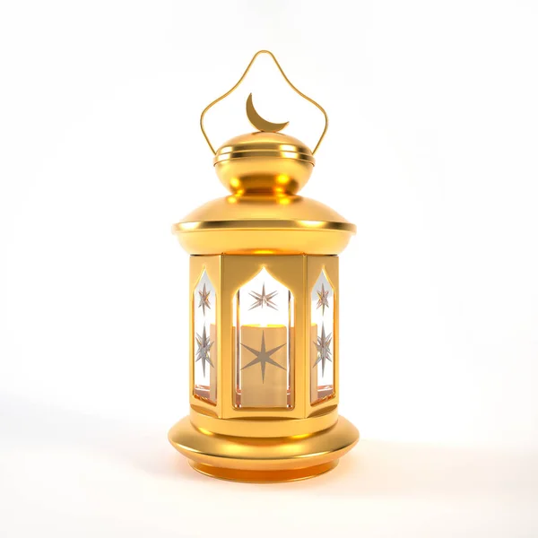 Ramadán Lucerna Svíčkou Izolované Bílém Pozadí Zlatá Arabská Lucerna Vykreslení — Stock fotografie