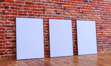 3 çerçeve, ahşap döşemeli, kırmızı tuğla duvarda maket..