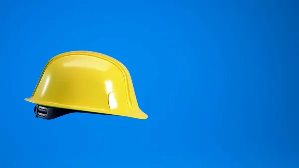 Yellow hard hat isolated on blue background with copy space. Safety helmet for Labour Day concept. 3d render.