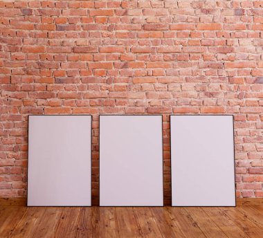 3 çerçeve modeli kırmızı tuğla duvarda, ahşap zemin, 3 boyutlu..