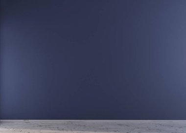 Ahşap döşemeli, boş mavi duvar modeli tasarımı, 3 boyutlu..