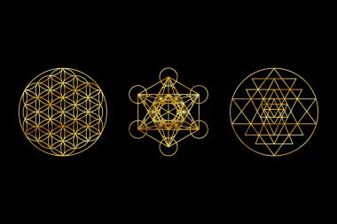 Kara Arkaplanda Kutsal Geometri Altın Sembolleri. Sri Yantra, Hayat Çiçeği, Metatron 'un Küp Arkaplanı.