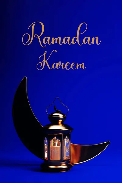 Ramadan Kareem background with golden Ramadan lantern, and crescent moon, 3d render. Muslim Holy Month Ramadan Kareem wallpaper design.
