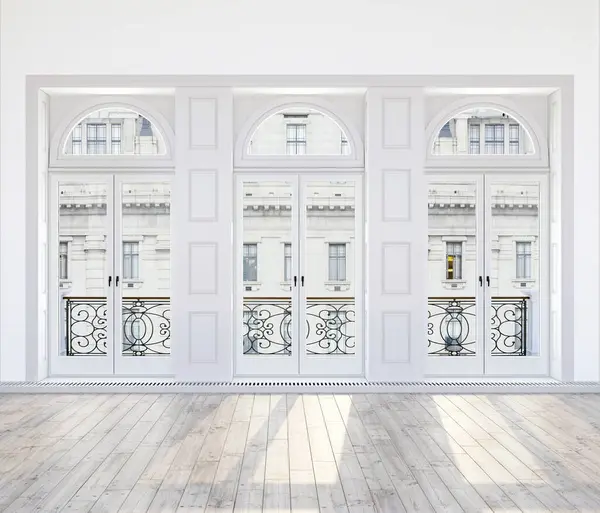 巴黎式公寓内部3D渲染 带有拱形高窗户 木制地板和阳光 图库图片