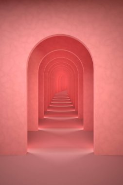 Soyut pembe sürreal 3D canlandırma. Kemerli koridor pastel pembe arka plan tasarımı. Sürrealist iç mekan 3D illüstrasyon.