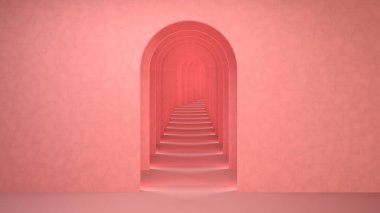 Soyut pembe sürreal 3D canlandırma. Kemerli koridor pastel pembe arka plan tasarımı. Sürrealist iç mekan 3D illüstrasyon.