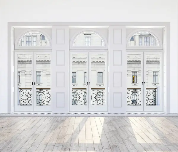Parisian Apartment Interior Render Arched High Windows Wooden Floor Sunlight — Stock Photo, Image