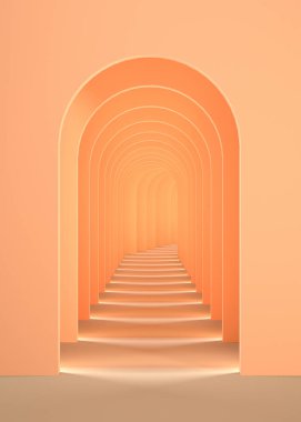 3D sürreal canlandırma. Soyut kavis tünel şeftali rengi pastel dikey arkaplan. 2024 konsept renginde şeftali rengi. Sürrealist iç mekan 3D illüstrasyon.